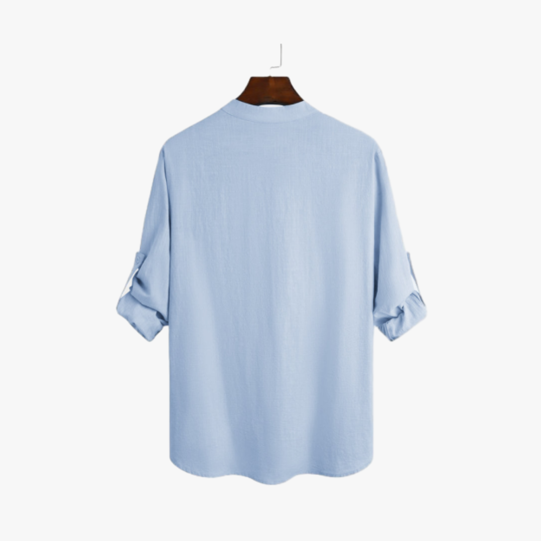 Men's Linen Shirt - Relaxed Fit, Light Blue, Breathable Cotton-Linen Blend, Rollable Sleeves-3