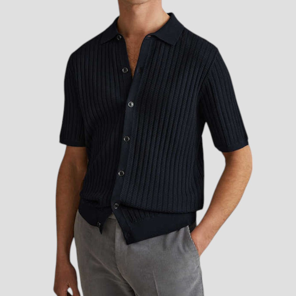 Theo | Men’s Polo Shirt with Ribbed Knit and Button-Down V Collar-2