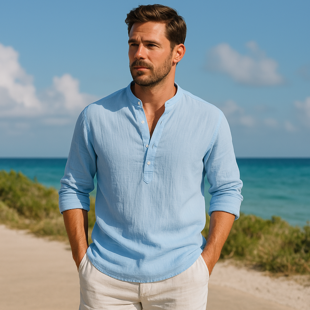 Men's Linen Shirt - Relaxed Fit, Light Blue, Breathable Cotton-Linen Blend, Rollable Sleeves-2